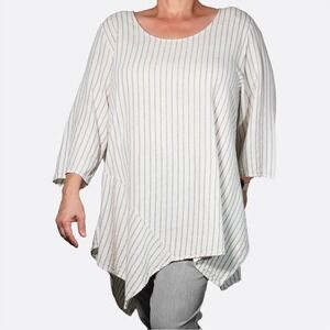 Jones NY Striped Linen Tunic Metallic Gold White Shimmer Sharkbite Top Plus 2X